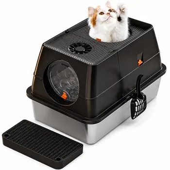 Stainless Steel Litter Closed Box With Two Plastic Doors & Shovel & Paw Filter Tray for Cat