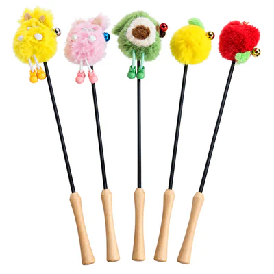Wooden Handle Teaser Wand with Plush Toy Assorted Designs for Cat
