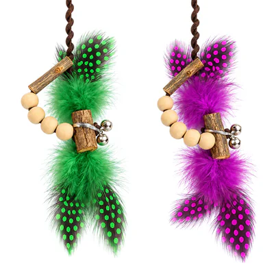Wooden Handle Teaser Wand with Feathers & Bell Assorted Colors for Cat