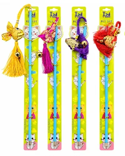 Teaser Wand with fish, Feather & Bell Assorted Colors for Cat