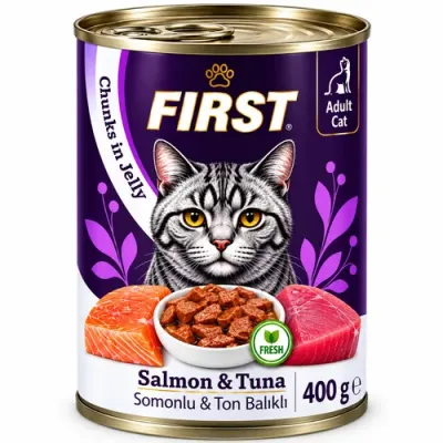 فيرست مع قطع سلمون مع تونا في الجلي طعام رطب للقطط البالغة 400 جم