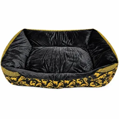 High-Sided Plush Bed for Cats & Dogs Black & Gold