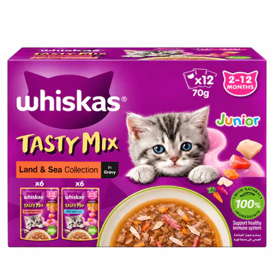 Whiskas Tasty Mix Land & Sea Collection in Gravy Kitten Wet Food 70g for Each pack of 12