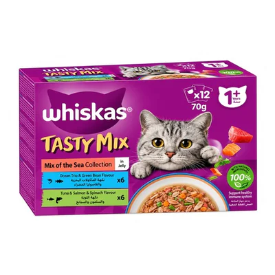 Whiskas Tasty Mix Sea Collection in Jelly Adult Cat Wet Food 70g for Each pack of 12