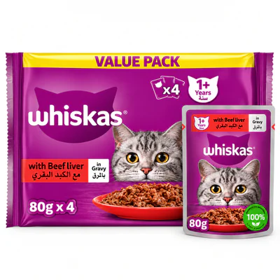 Whiskas Tasty Mix with Beef Liver in Gravy Adult Cat Wet Food 80 g for Each pack of 4