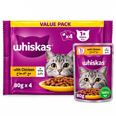 Whiskas Tasty Mix with Chicken in Gravy Adult Cat Wet Food 80 g for Each pack of 4