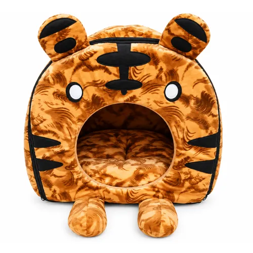 Tiger-Shaped Plush Cave Bed with Cushion for Cat & Dog
