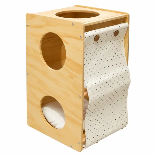 Two-Level Wooden House with Curtain & Cushion for Cats