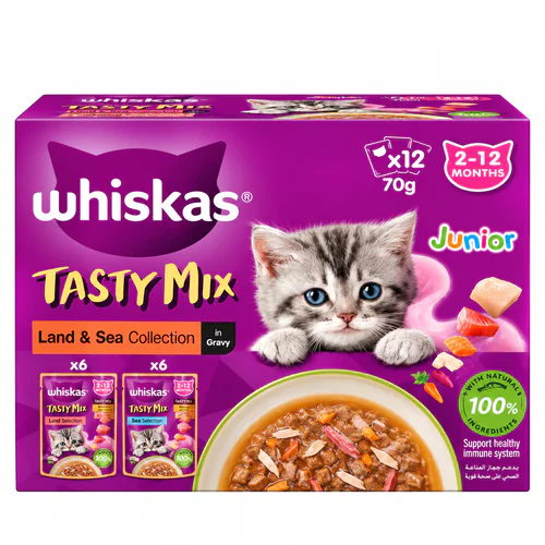 Whiskas Tasty Mix Land & Sea Collection in Gravy Kitten Wet Food 70g for Each pack of 12