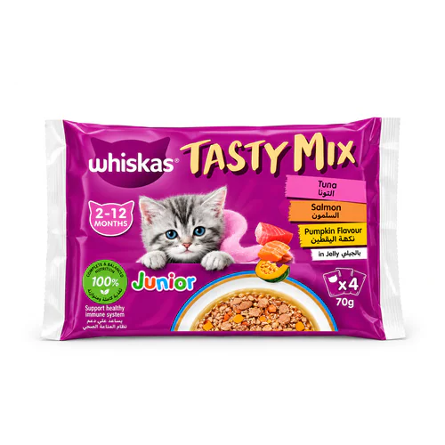 Whiskas Tasty Mix with Tuna, Salmon and Pumpkin in Jelly Kitten Wet Food 70g for Each pack of 4